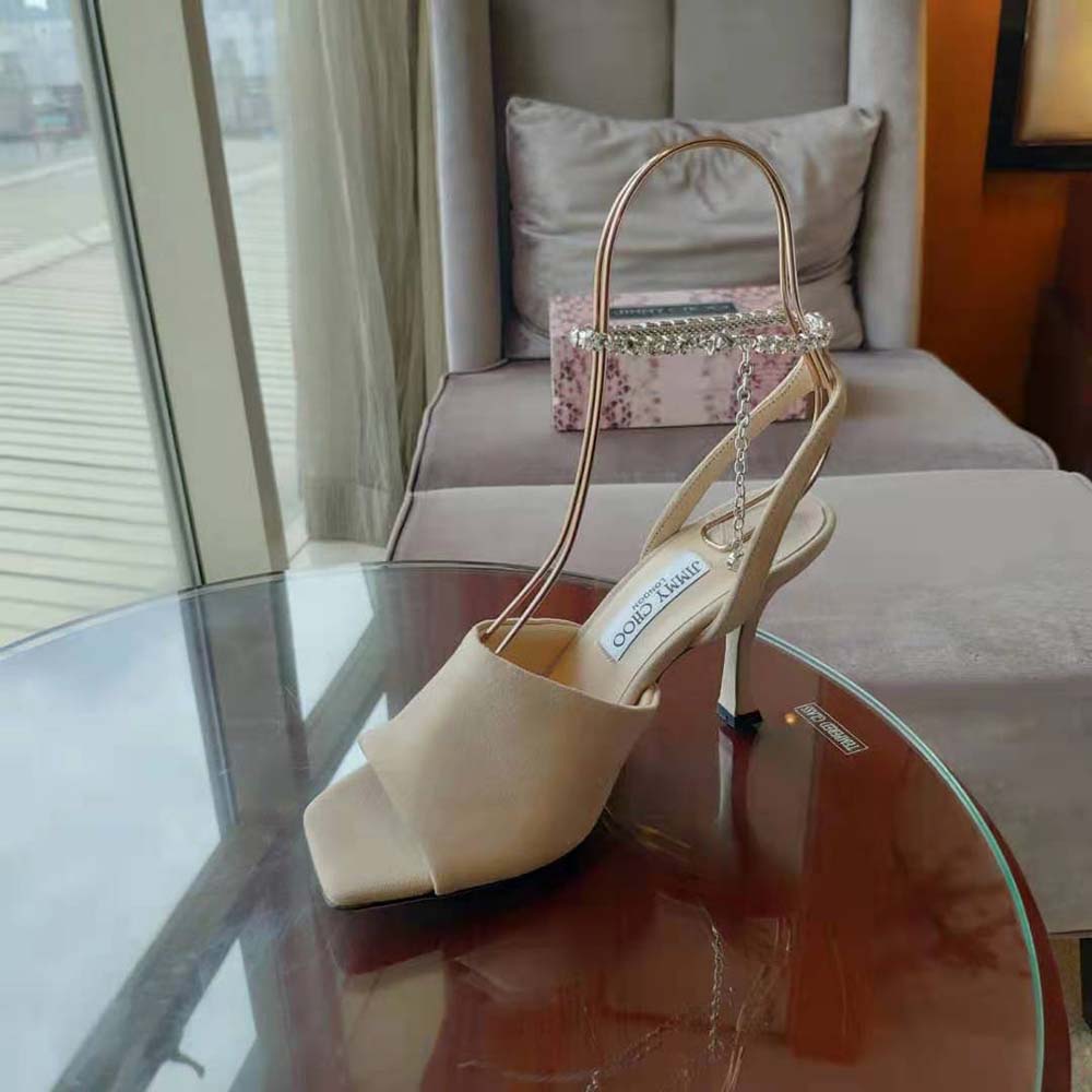 Jimmy Choo Women Sae 90 Ballet Pink Suede Sandals with Crystal Chain Embellishment - image 8
