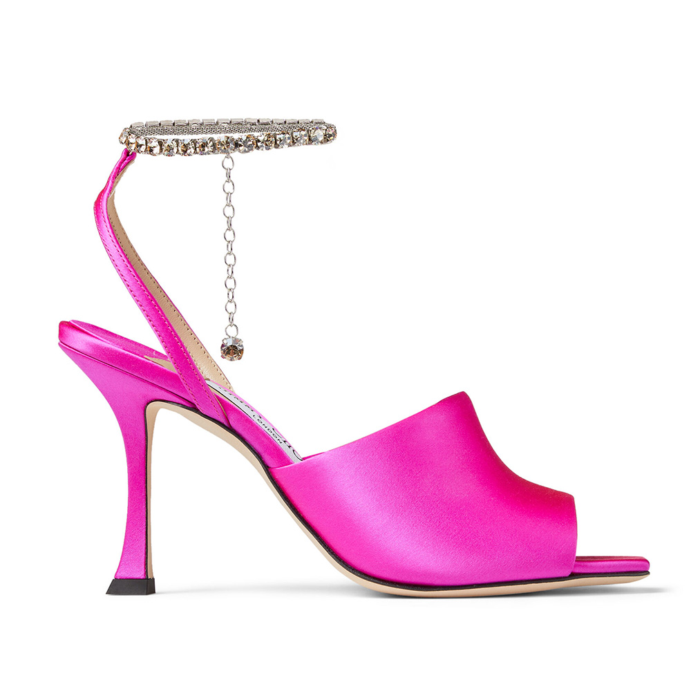 Side angle of Jimmy Choo Women Sae 90 Fuchsia Satin Sandals with crystal chain
