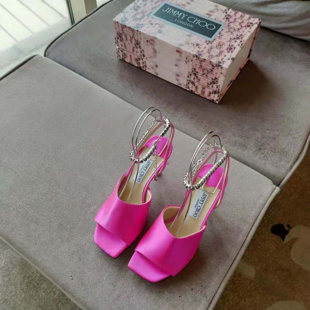 Close-up on crystal chain embellishment on Jimmy Choo Women Sae 90 sandals