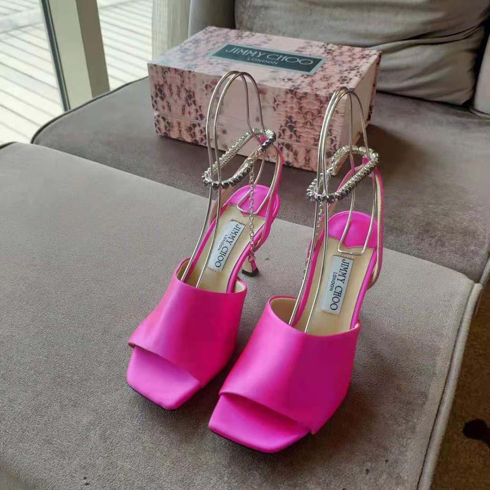 Back view showing 90mm heel on Jimmy Choo Women Sae 90 Fuchsia Satin Sandals