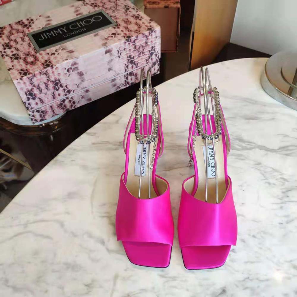 Jimmy Choo Women Sae 90 Fuchsia Satin Sandals with Crystal Chain Embellishment - image 4