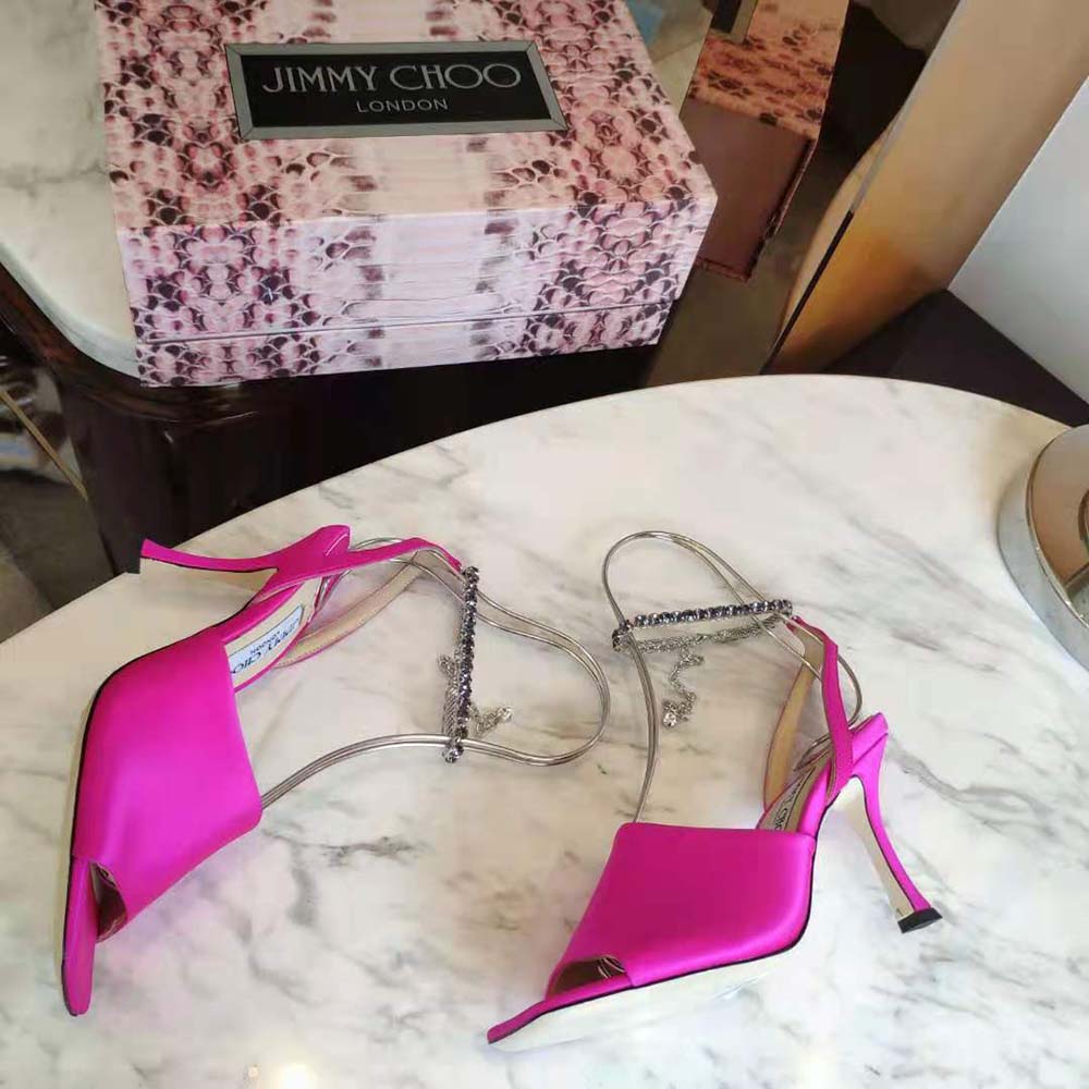Jimmy Choo Women Sae 90 Fuchsia Satin Sandals with Crystal Chain Embellishment - image 5