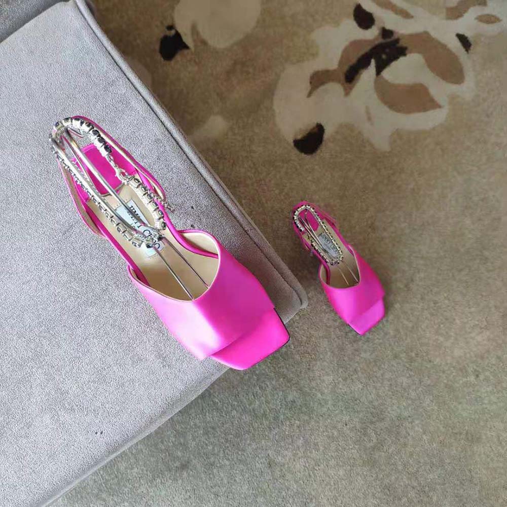 Jimmy Choo Women Sae 90 Fuchsia Satin Sandals with Crystal Chain Embellishment - image 6