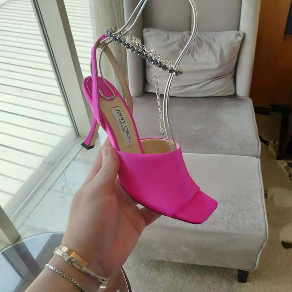 Jimmy Choo Women Sae 90 Fuchsia Satin Sandals with Crystal Chain Embellishment - image 9