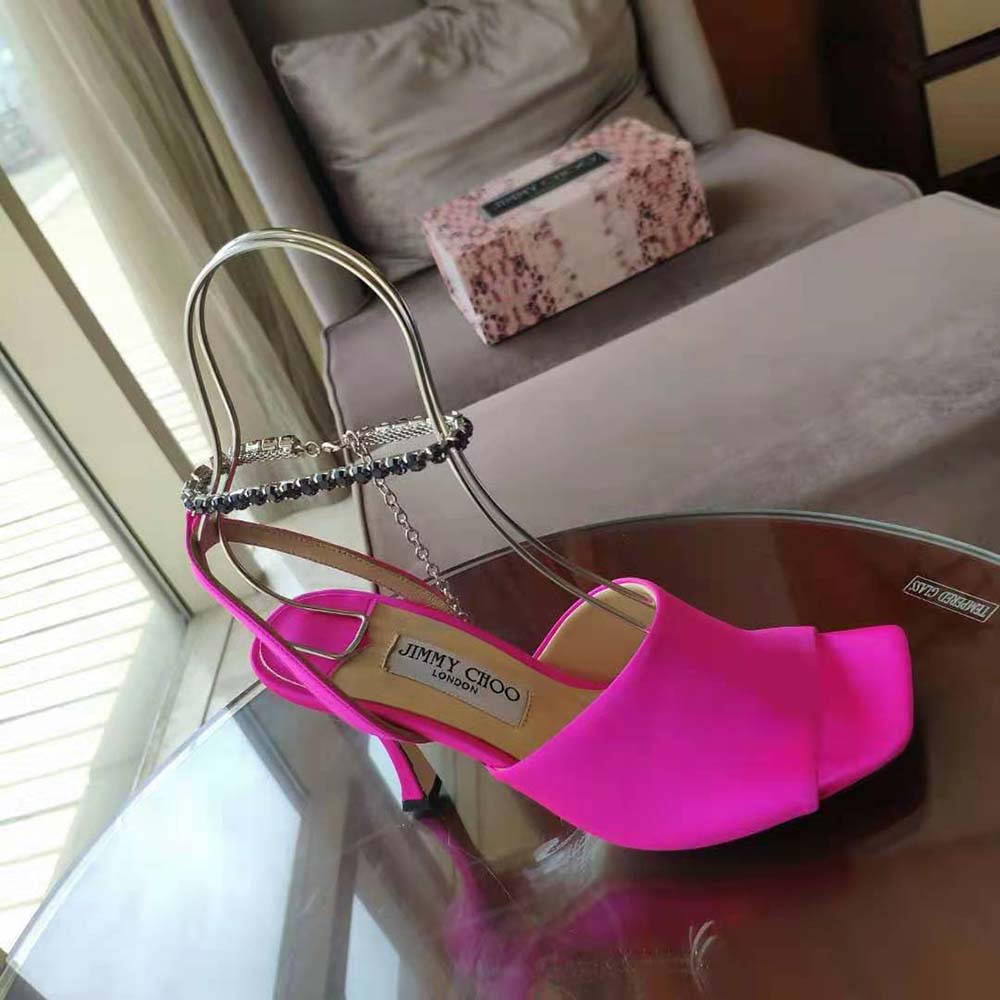 Jimmy Choo Women Sae 90 Fuchsia Satin Sandals with Crystal Chain Embellishment - image 8
