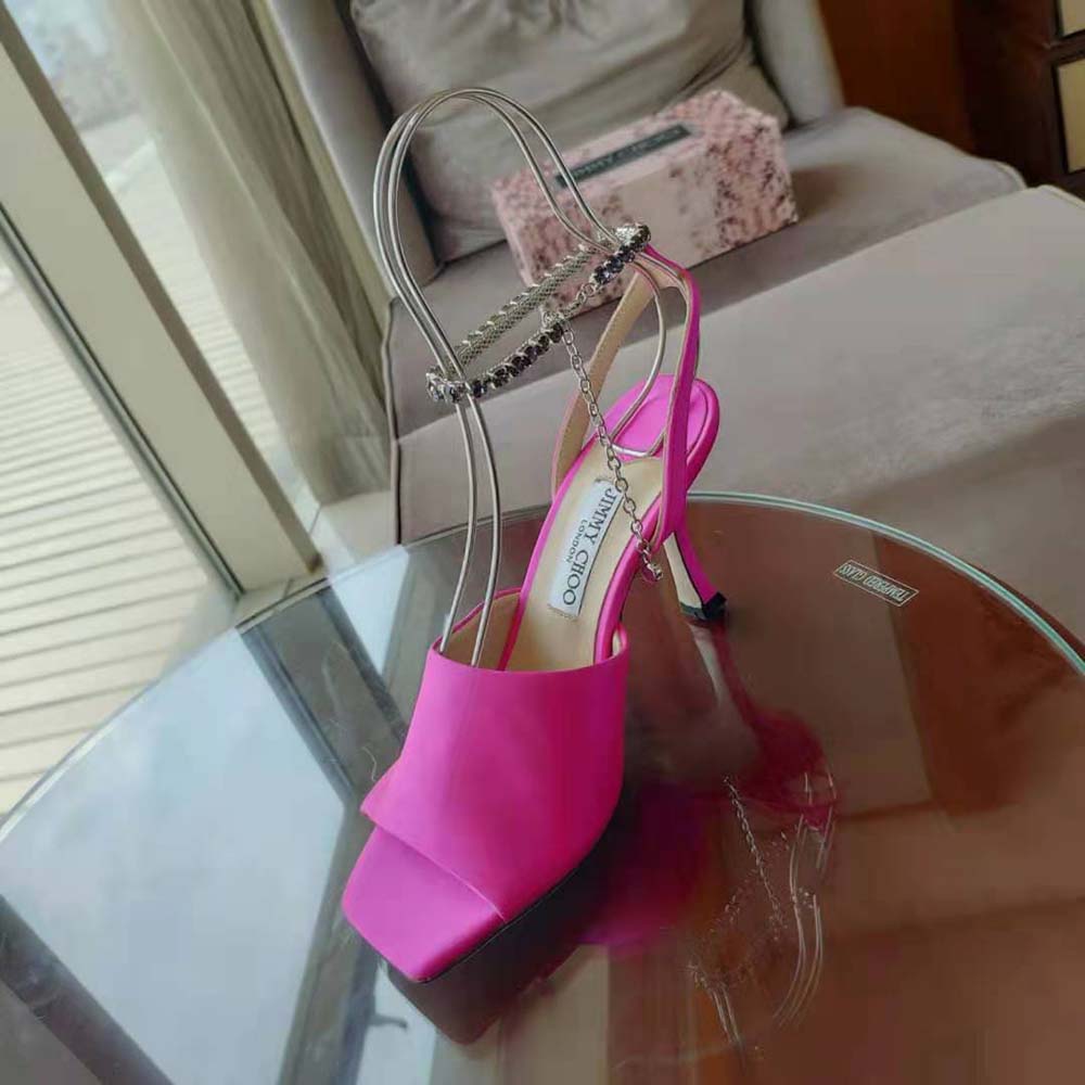 Jimmy Choo Women Sae 90 Fuchsia Satin Sandals with Crystal Chain Embellishment - image 7