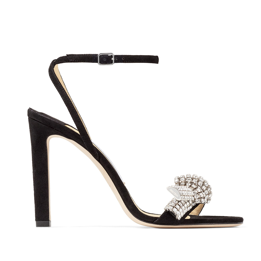 Side view of Jimmy Choo Women Thyra 100 Black Suede Sandals with pavé crystals