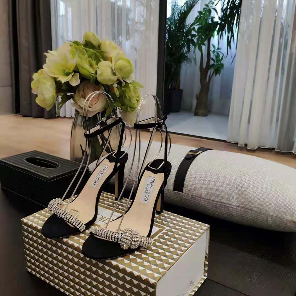 Close-up of pavé crystal cord detail on Jimmy Choo Thyra 100 sandals