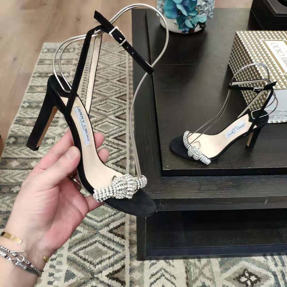 Jimmy Choo Women Thyra 100 Black Suede Sandals with Pavé Crystal Cord Detail - image 8