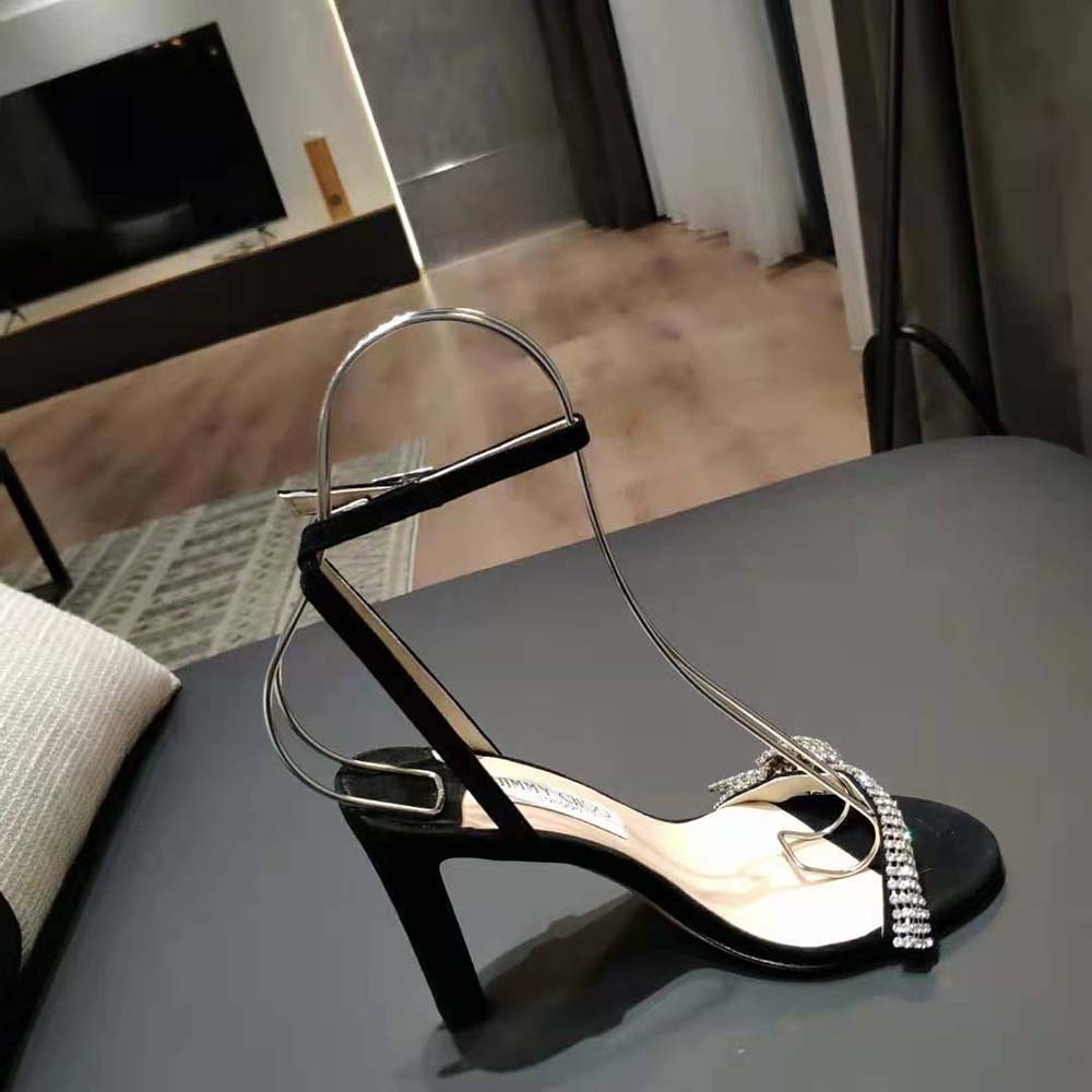 Jimmy Choo Women Thyra 100 Black Suede Sandals with Pavé Crystal Cord Detail - image 7