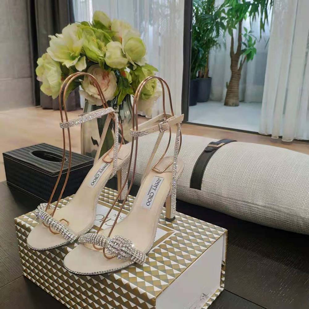Jimmy Choo Women Thyra 100 Nude Suede Sandals with Pavé Crystal Cord Detail - image 5