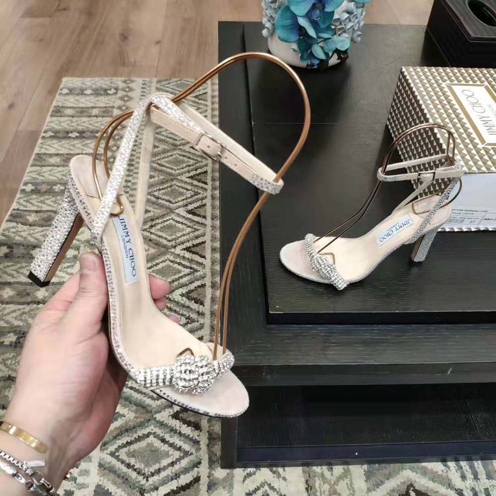 Jimmy Choo Women Thyra 100 Nude Suede Sandals with Pavé Crystal Cord Detail - image 4