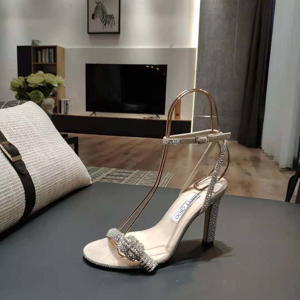 Jimmy Choo Women Thyra 100 Nude Suede Sandals with Pavé Crystal Cord Detail - image 7