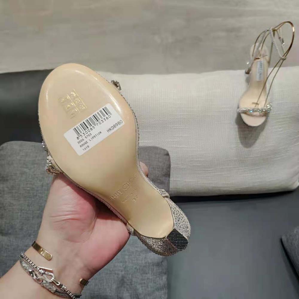 Jimmy Choo Women Thyra 100 Nude Suede Sandals with Pavé Crystal Cord Detail - image 8