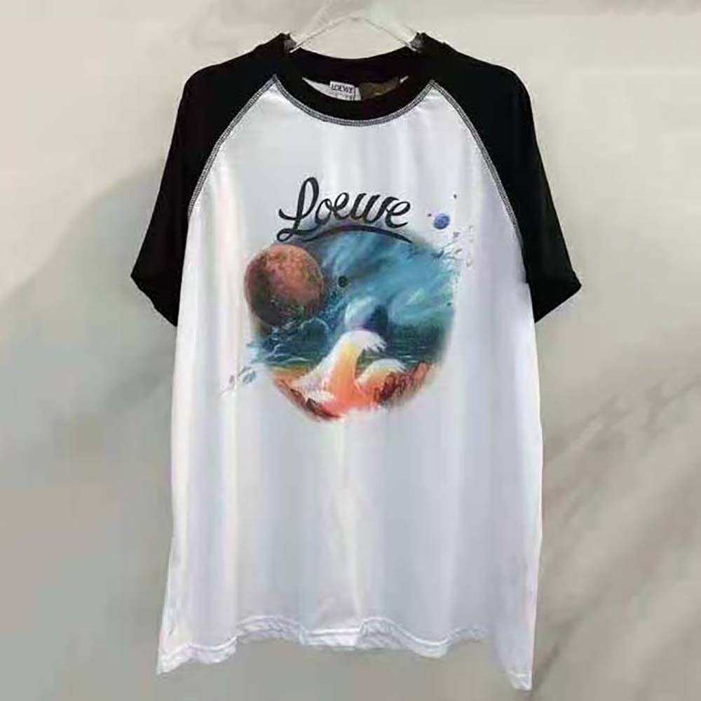 Close-up of Loewe signature landscape print on black cotton T-shirt