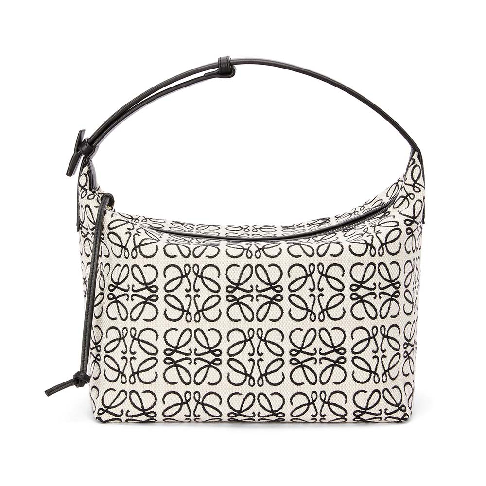 Front view of Loewe Women Cubi Bag in black Anagram jacquard