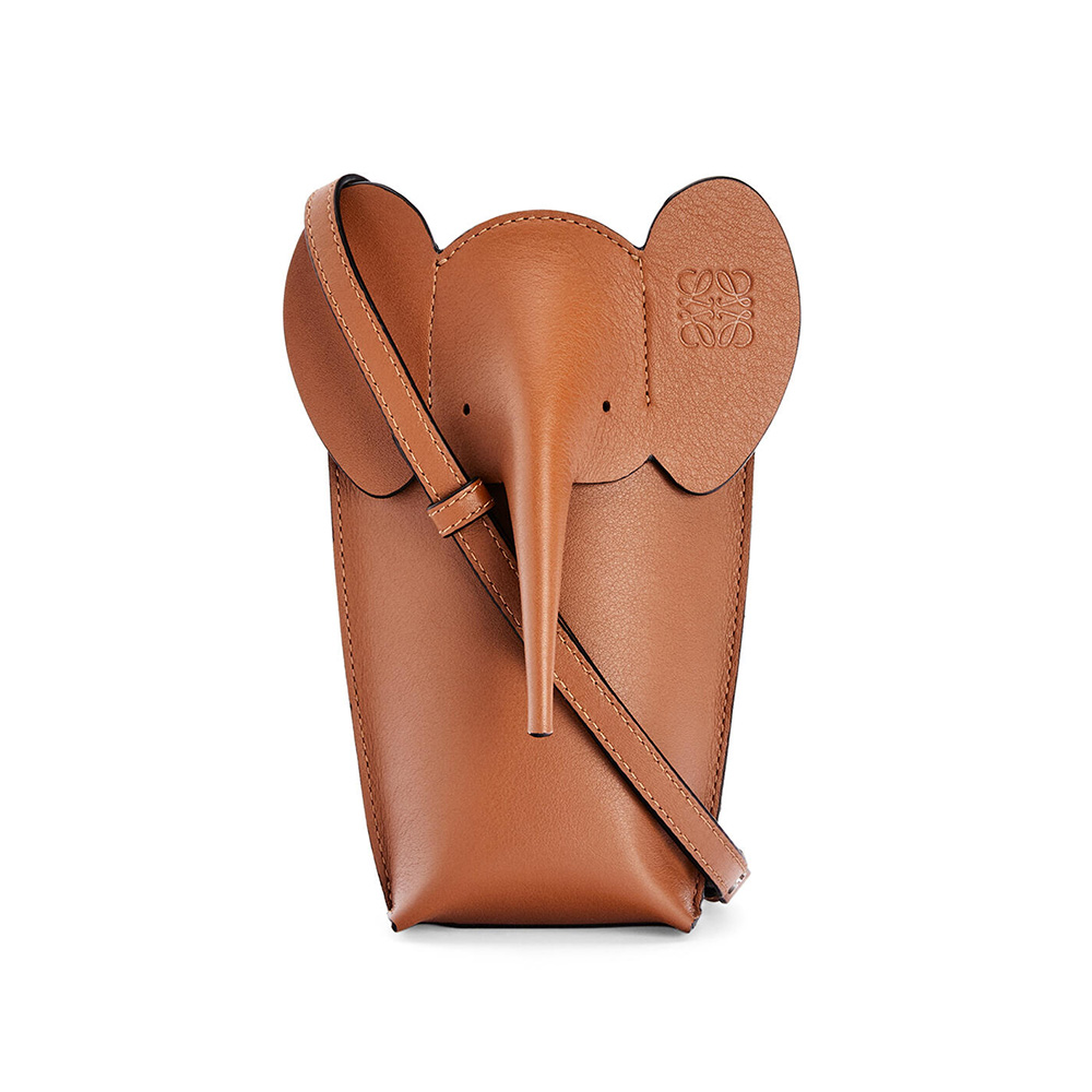 Front view of Loewe Women Elephant Pocket in Classic Calfskin brown leather