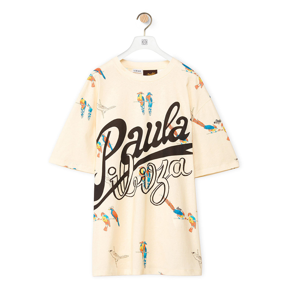 Front view of Loewe Women Parrot Print T-shirt in Cotton-Beige