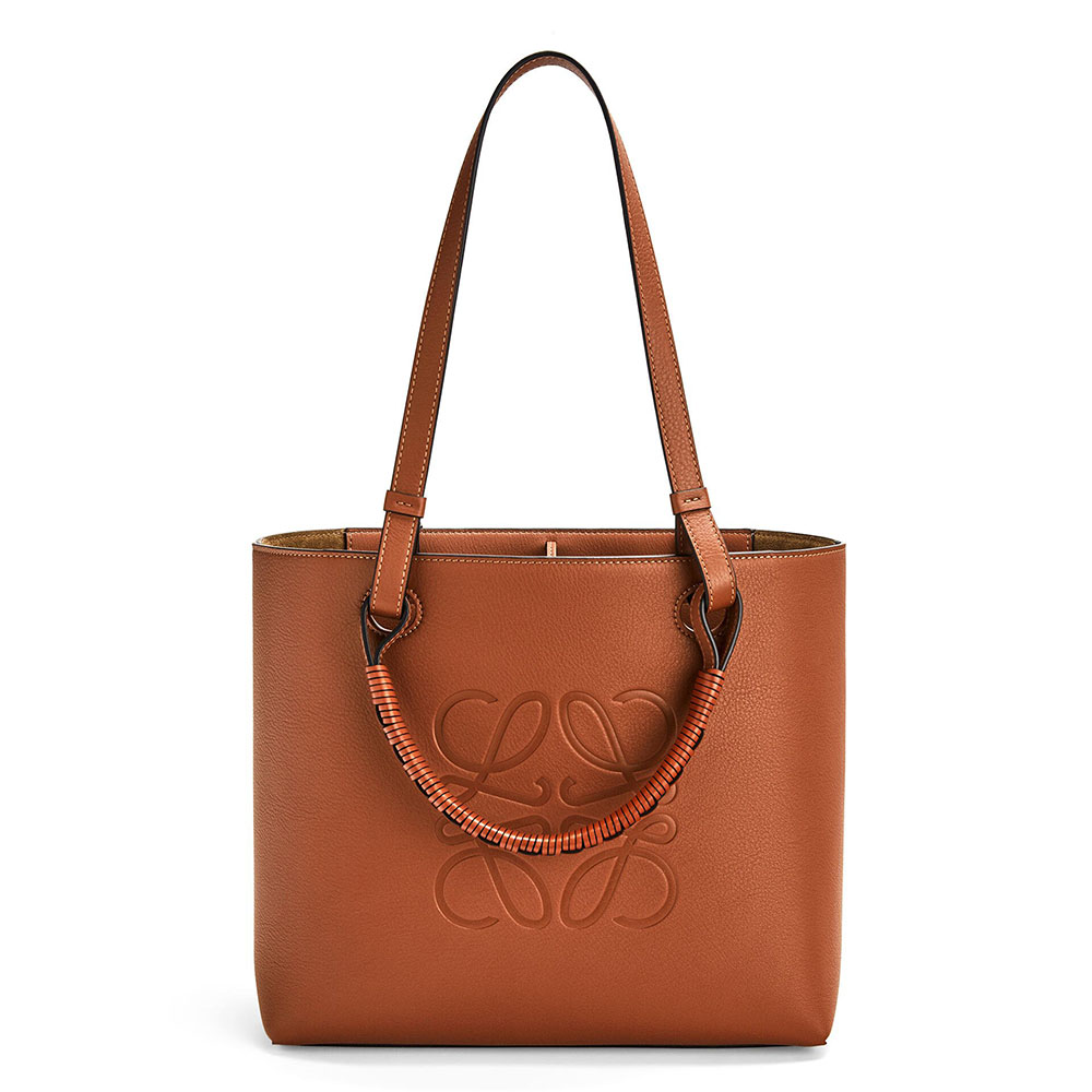 Front view of Loewe Women Small Anagram Tote in Classic Calfskin-Brown