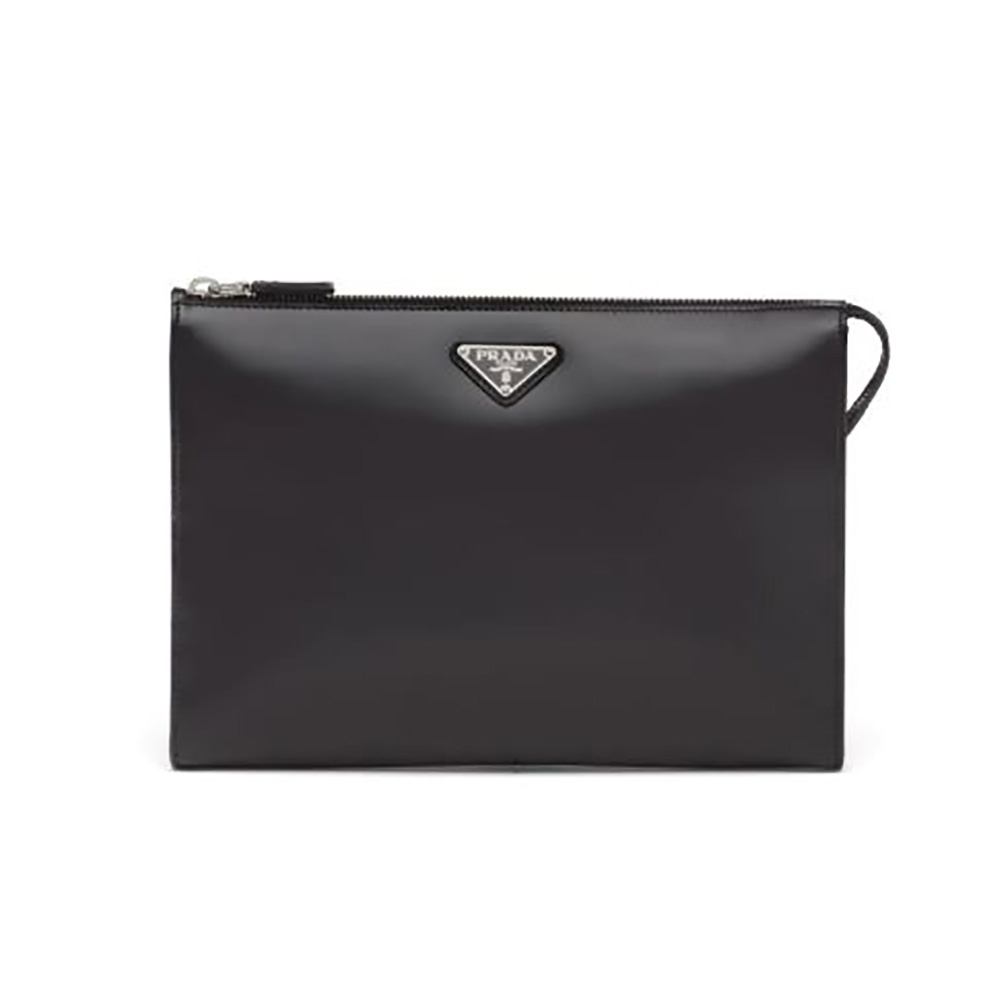 Front view of Prada Men Brushed Leather Pouch-Black with zip closed