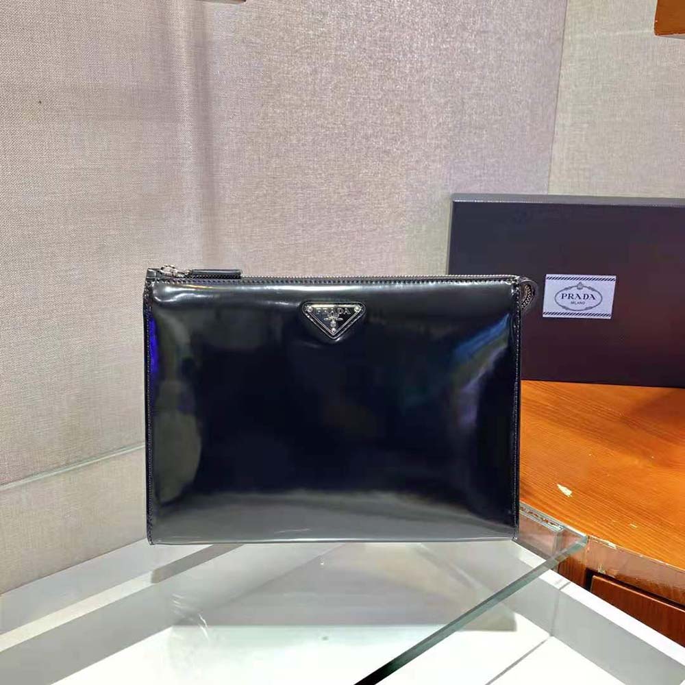 Close-up of brushed leather texture on Prada Men Brushed Leather Pouch-Black