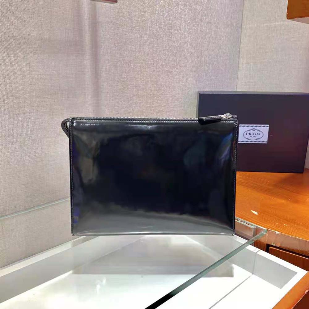 Side profile showing slim silhouette of Prada Men Brushed Leather Pouch-Black