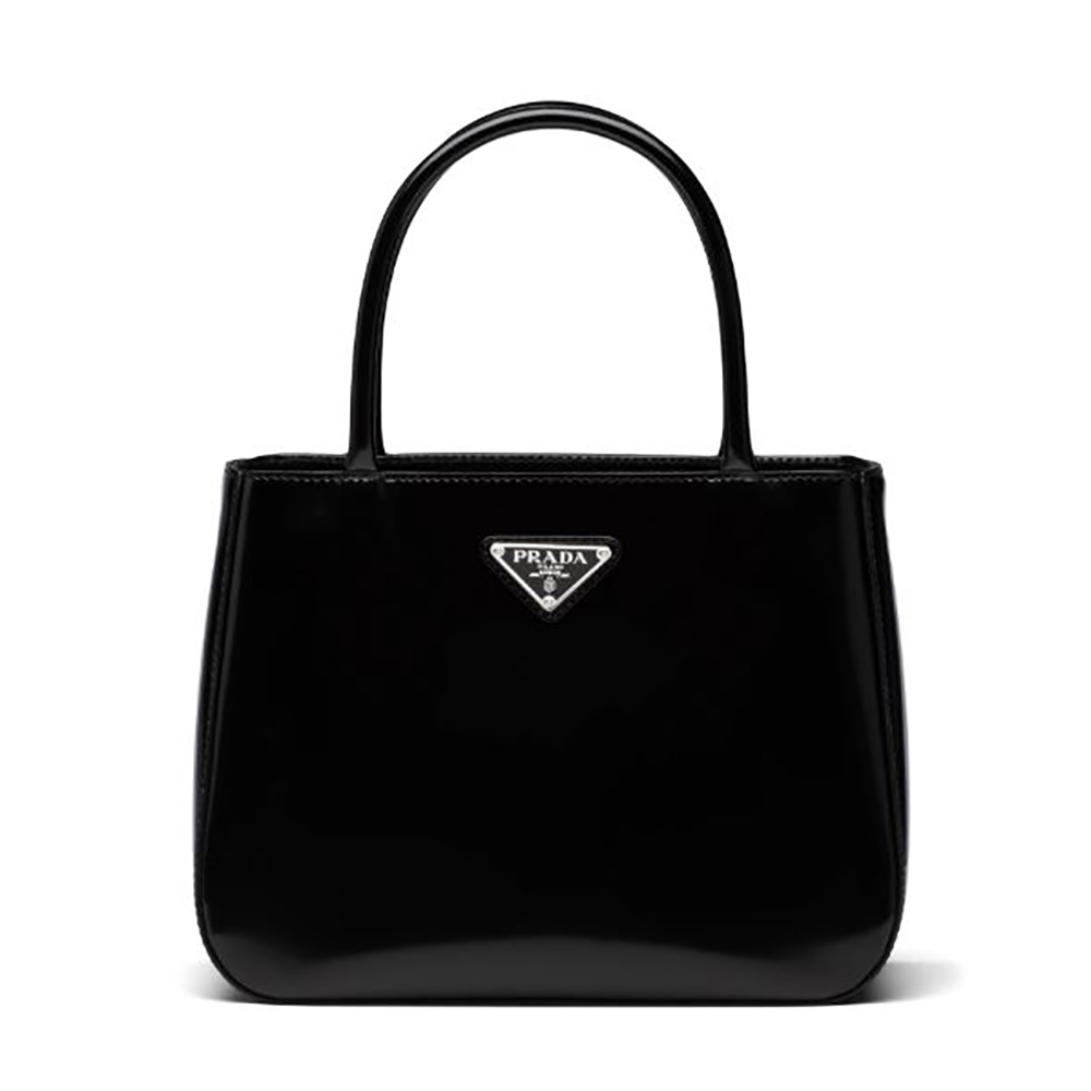 Front angle of Prada Women Brushed Leather Handbag Nylon Lining-Black