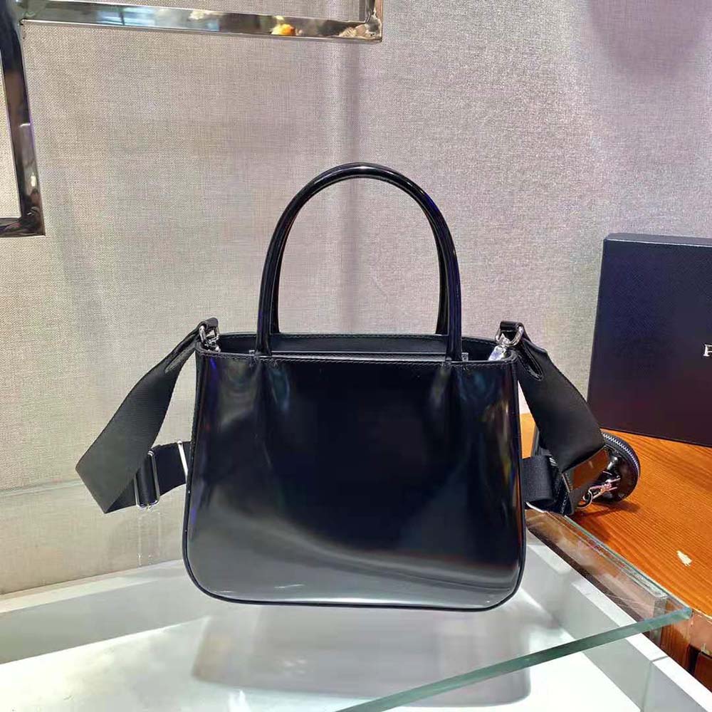 Prada Women Brushed Leather Handbag Nylon Lining-Black - image 5