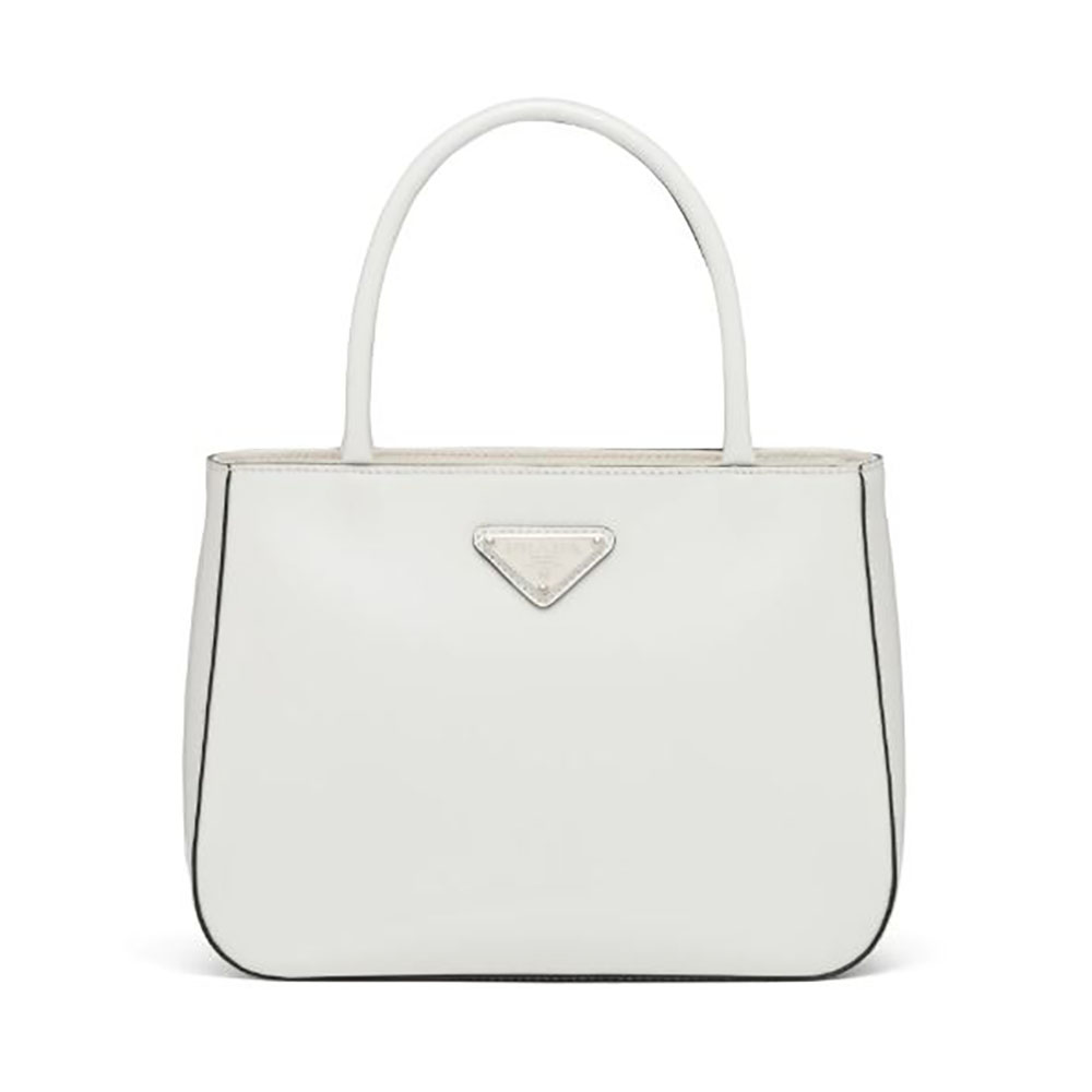 Front angle of Prada Women Brushed Leather Handbag Nylon Lining-White