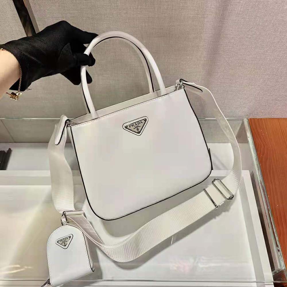 Prada Women Brushed Leather Handbag Nylon Lining-White - image 4