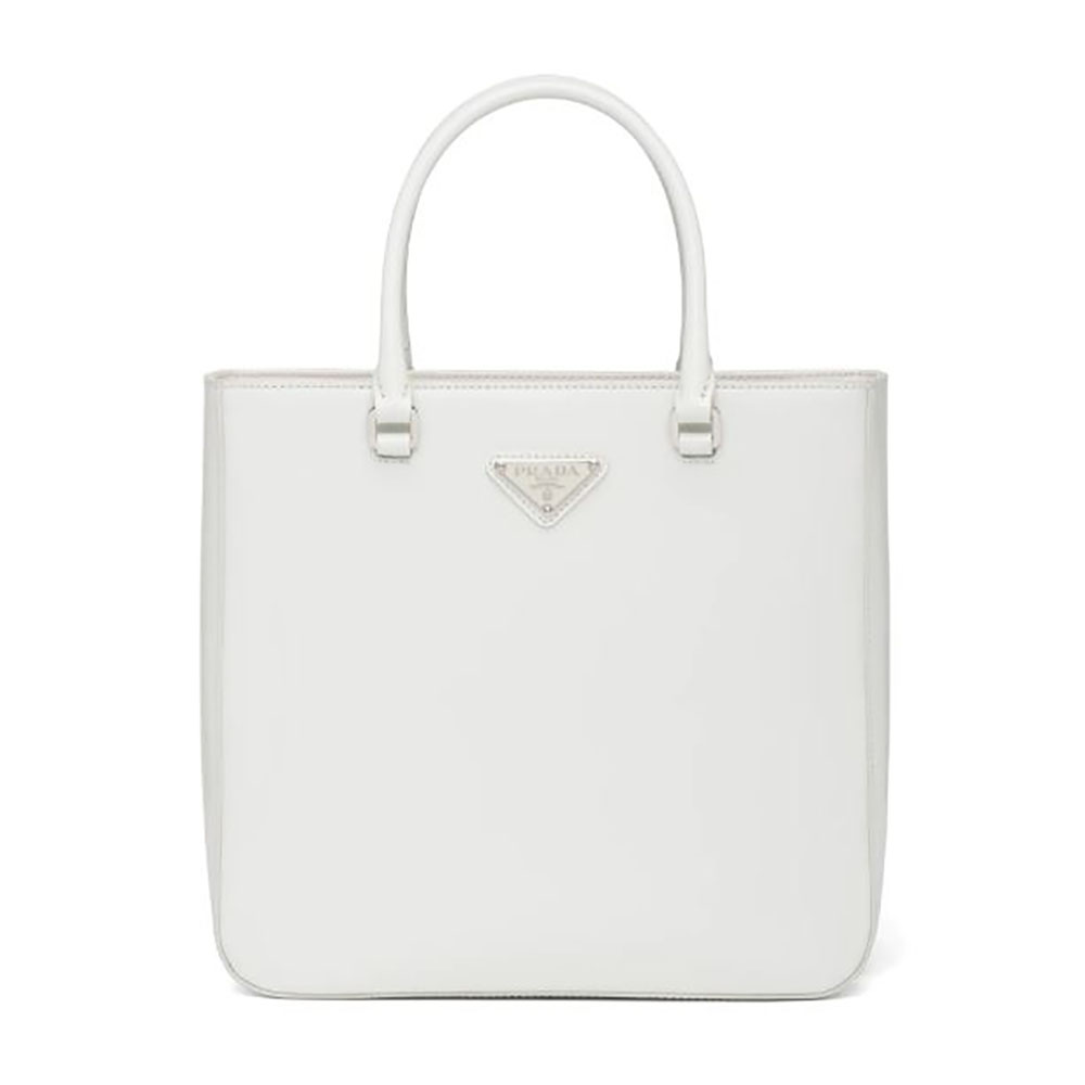 Front view of Prada Women Brushed Leather Tote Bag-White showing clean silhouette