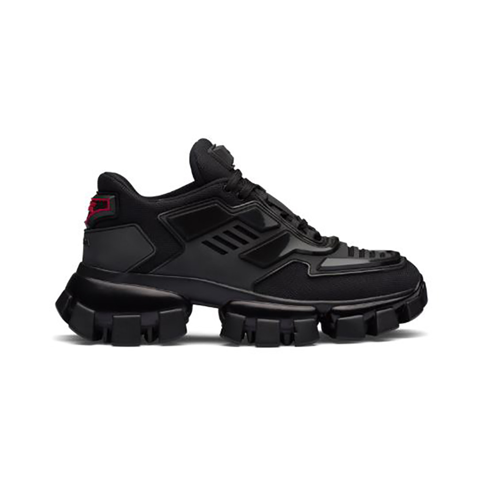 Side profile of Prada Women Cloudbust Thunder Sneakers-Black showing lightning bolt sole