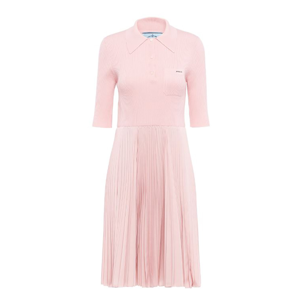 Front view of Prada Women Crepe DE Chine Dress-Pink on mannequin