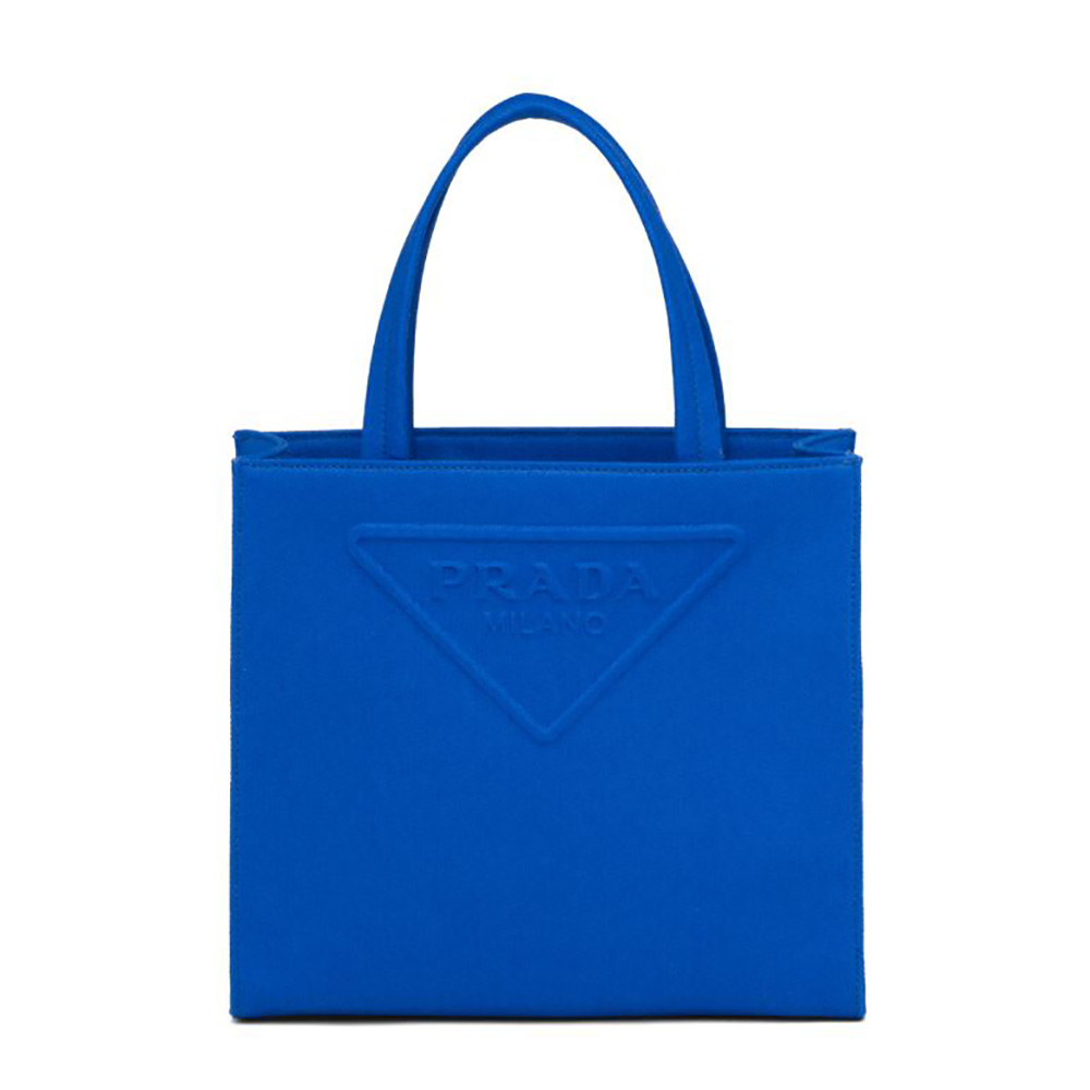 Front view of Prada Women Drill Tote Handles Bag-Blue showing spacious interior