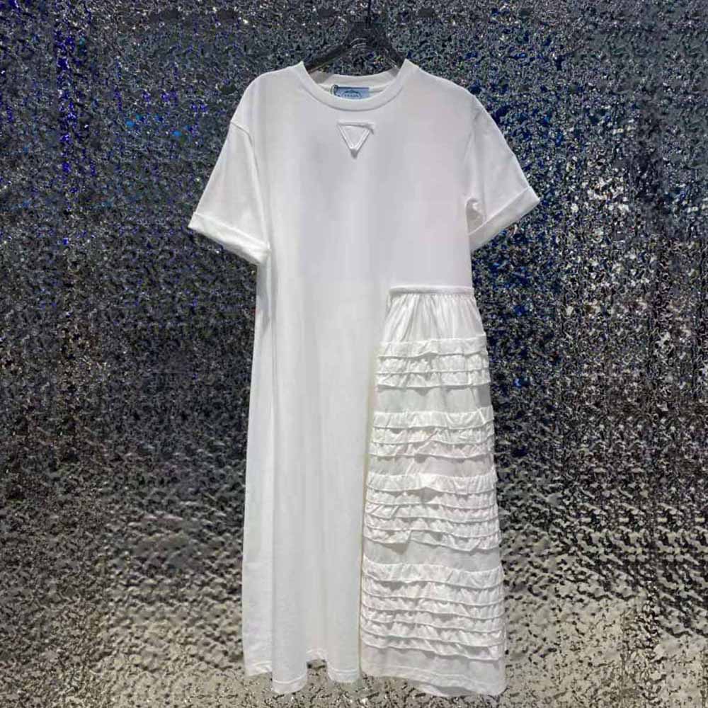 Close-up detail of asymmetrical hem on Prada Women Jersey Dress The Asymmetrical Design-White
