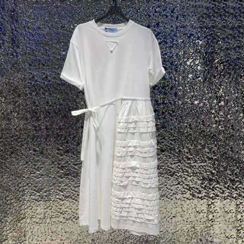 Side angle showcasing silhouette of Prada Women Jersey Dress The Asymmetrical Design-White