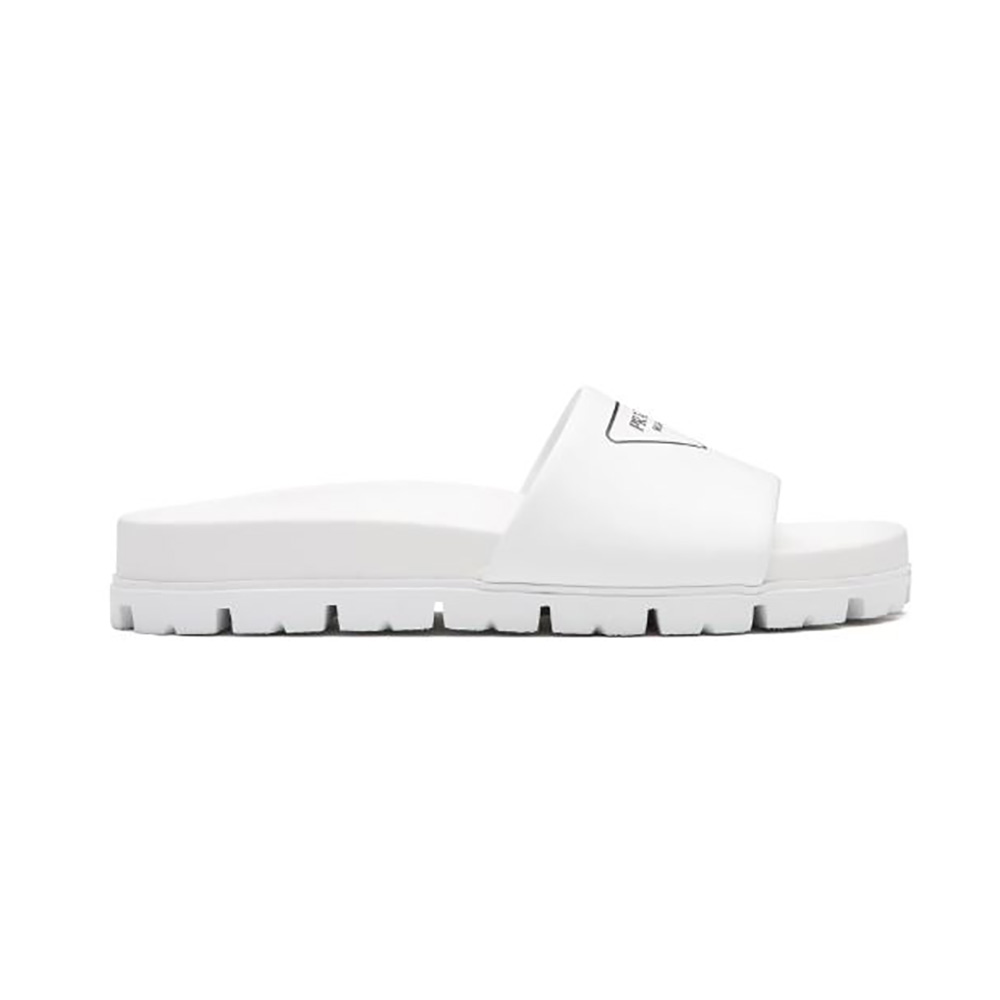Side view of Prada Women Leather Slides in 20mm Heel-White showcasing heel height