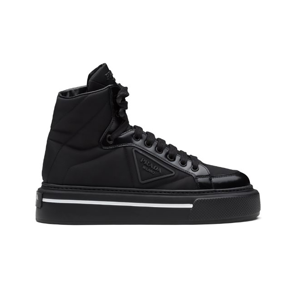 Side profile of Prada Women Macro Re-Nylon and Brushed Leather High-top Sneakers-Black