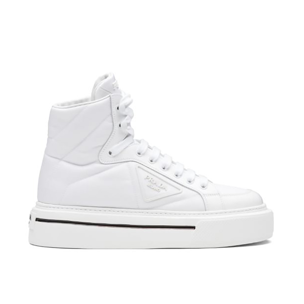 Side view of Prada Women Macro Re-Nylon and Brushed Leather High-top Sneakers-White