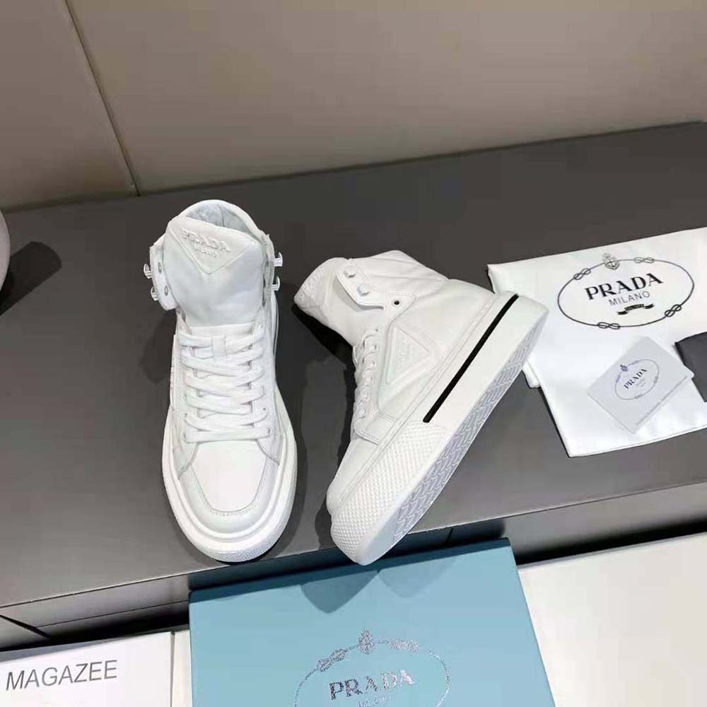 Prada Women Macro Re-Nylon and Brushed Leather High-top Sneakers-White - image 5