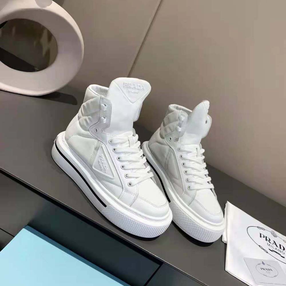 Prada Women Macro Re-Nylon and Brushed Leather High-top Sneakers-White - image 4