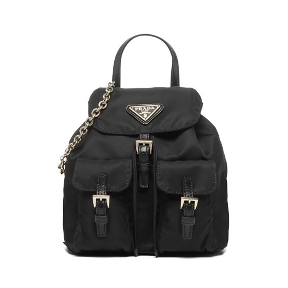 Front view of Prada Women Nylon Mini Backpack-Black with logo detail