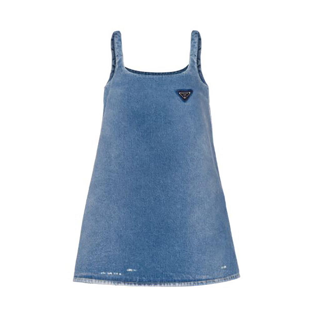 Front view of Prada Women Organic Denim Mini-Dress-Navy in rich navy