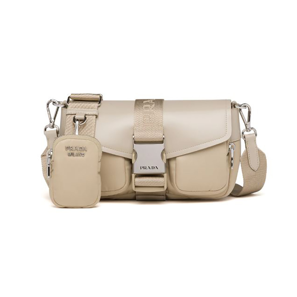 Front view of Prada Women Pocket Nylon and Brushed Leather Bag in sandy