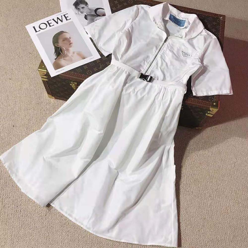Close-up of button closure on Prada Women Poplin Dress-White