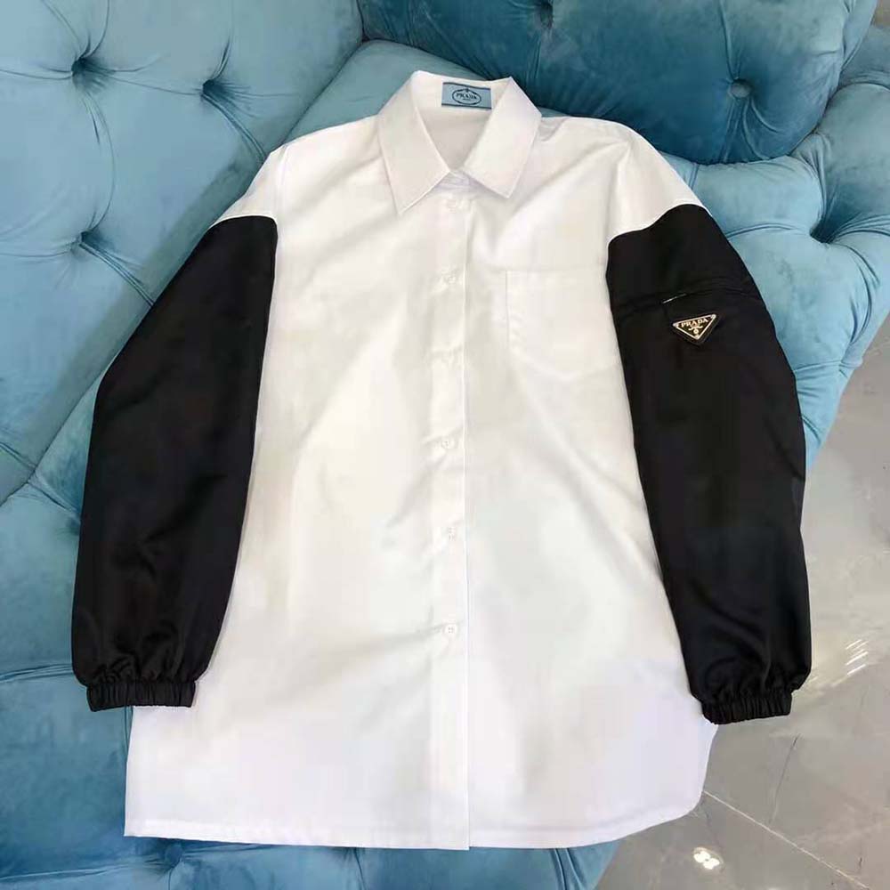 Close-up detail of Prada Women Poplin Shirt-White cuff and logo