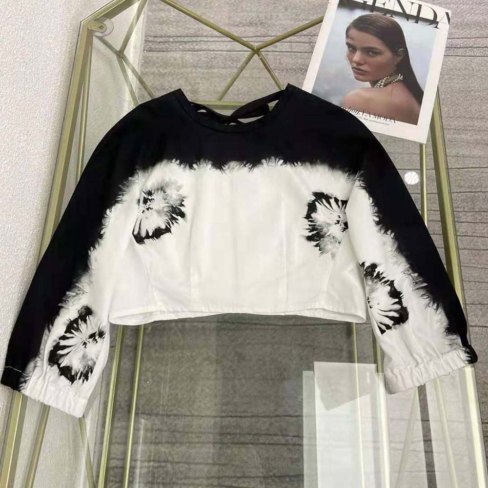 Close-up of crisp cotton poplin fabric on Prada Women Printed Poplin Crop Top-White