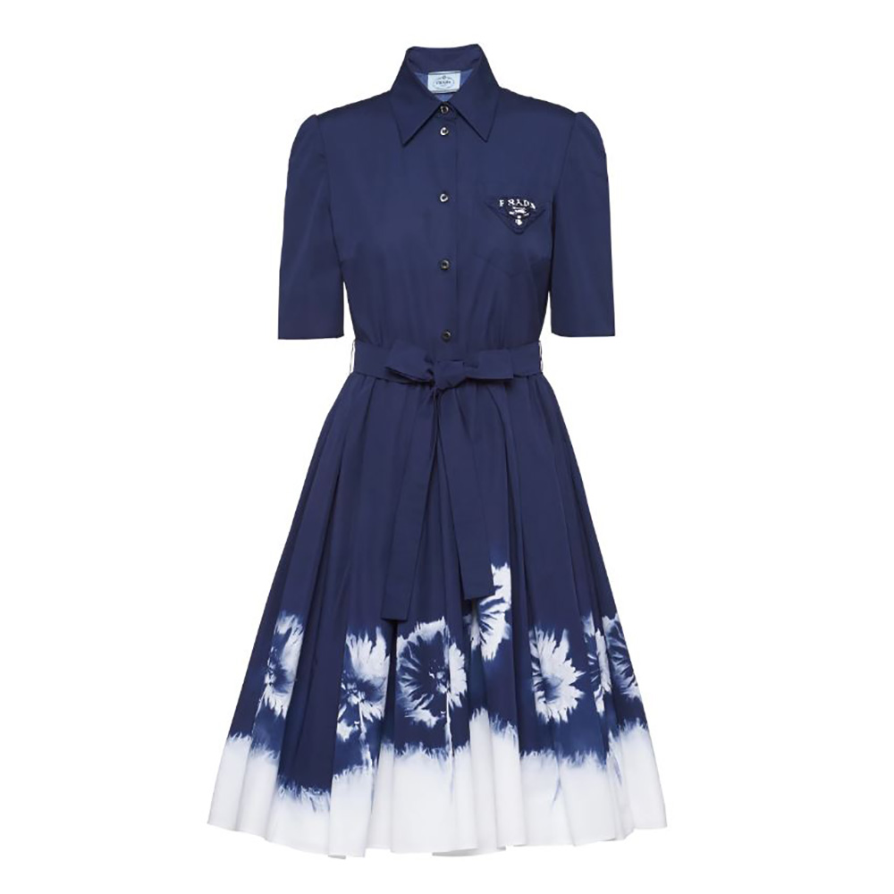 Front view of Prada Women Printed Poplin Dress-Blue showcasing full print