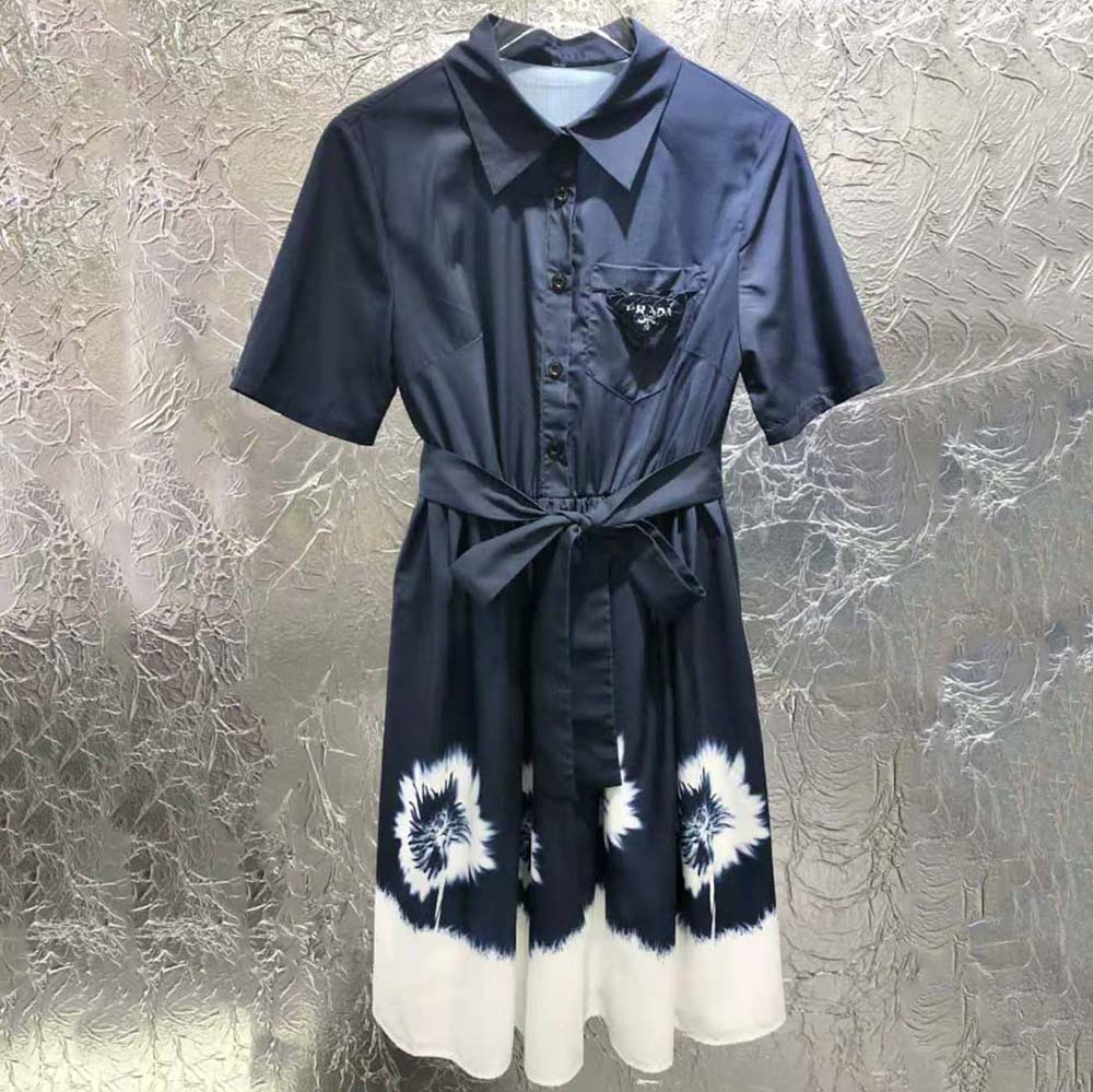 Close-up of button closure detail on Prada Women Printed Poplin Dress-Blue