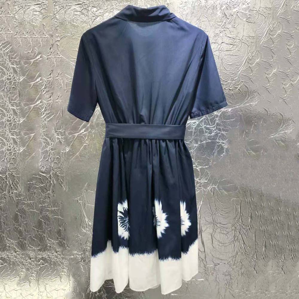 Side angle of flowing silhouette in Prada Women Printed Poplin Dress-Blue